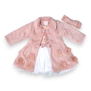 3-Pc Little Lass Infant Girls Dress Outfit Set w/ Coat & Headband Size 18M